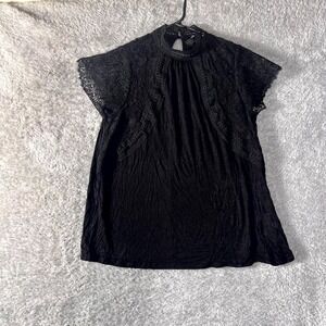 Cable and Gauge Blouse Top Womens Medium Black Stretch Crochet Lace Detail